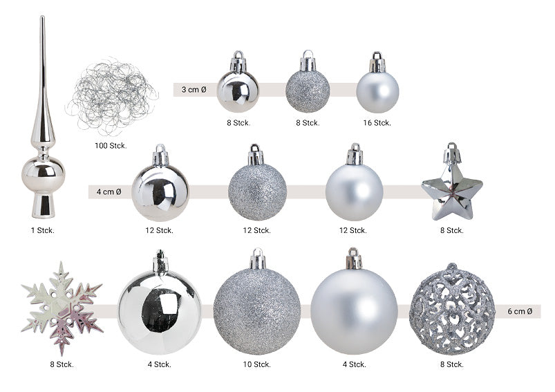 Weihnachtskugeln aus Kunststoff, 111er-Set, Silber Ø3/4/6cm (B/H/T) 36x23x12cm