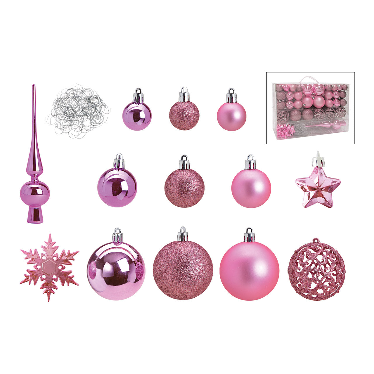 Weihnachtskugeln aus Kunststoff, 111er-Set, Pink/Rosa Ø3/4/6cm (B/H/T) 36x23x12cm