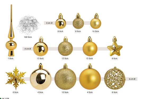 Weihnachtskugeln aus Kunststoff, 111er-Set, Gold Ø3/4/6cm (B/H/T) 36x23x12cm