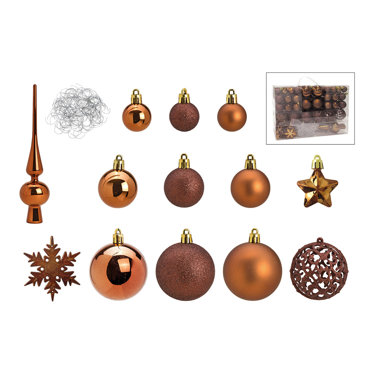 Weihnachtskugeln aus Kunststoff, 111er-Set, Braun Ø3/4/6cm (B/H/T) 36x23x12cm