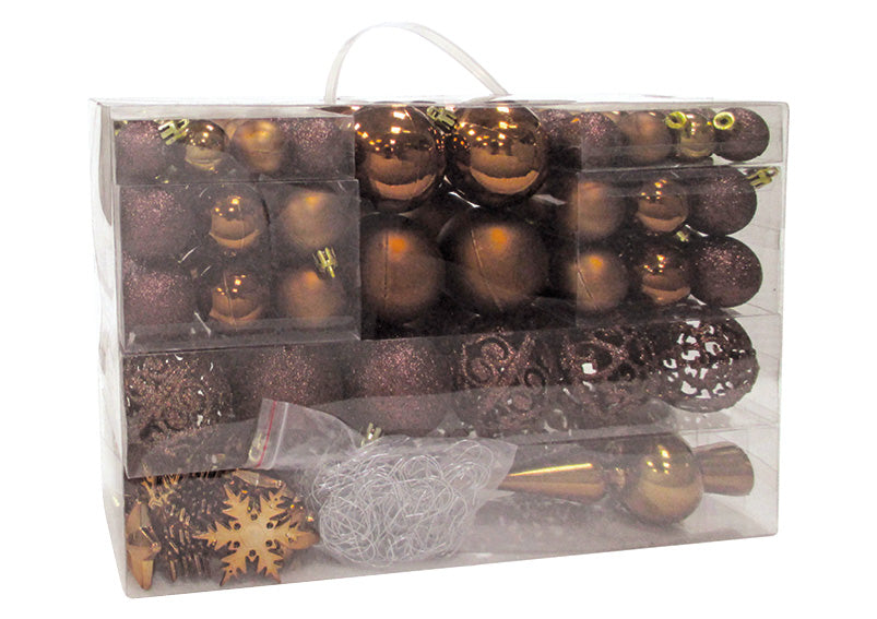 Weihnachtskugeln aus Kunststoff, 111er-Set, Braun Ø3/4/6cm (B/H/T) 36x23x12cm