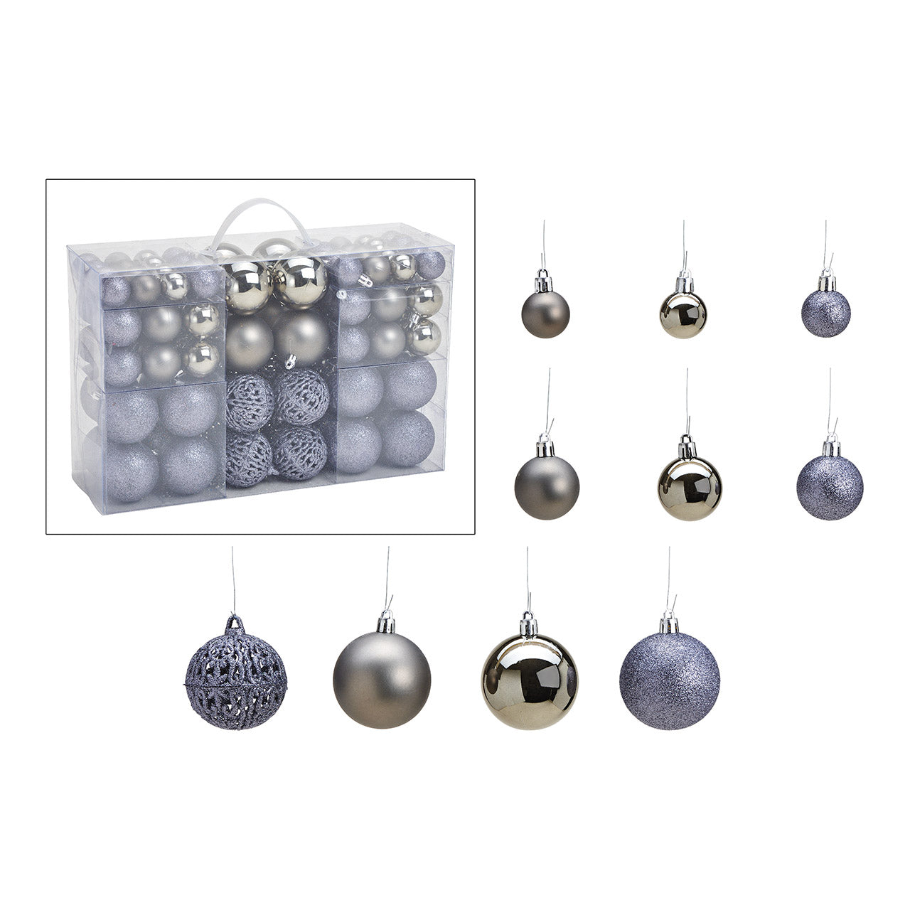 Christmas baubles made of plastic, set of 100, Grey Ø3/4/6cm (W/H/D) 35x23x12cm