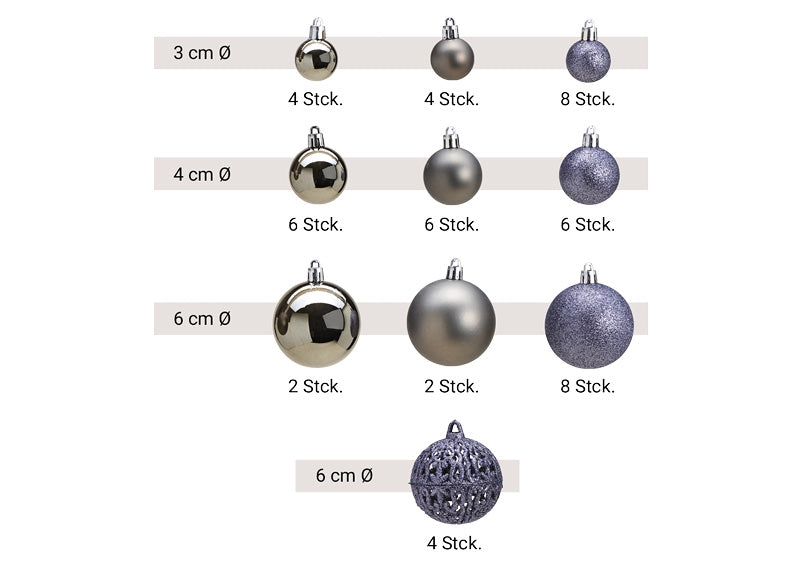 Christmas baubles made of plastic, set of 100, Grey Ø3/4/6cm (W/H/D) 35x23x12cm