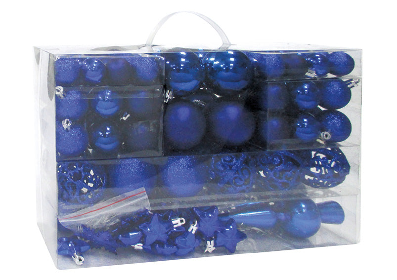 Weihnachtskugeln aus Kunststoff, 111er-Set, Blau Ø3/4/6cm (B/H/T) 36x23x12cm