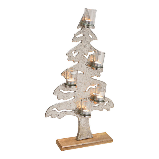 Tannenbaum mit 5 Glas Windlichtern aus Metall Silber (B/H/T) 41x72x9cm