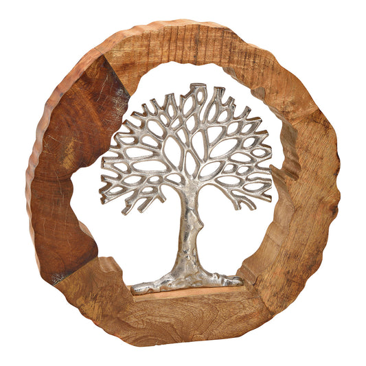 Metal tree display in mango wood circle brown, silver (W/H/D) 46x48x7cm