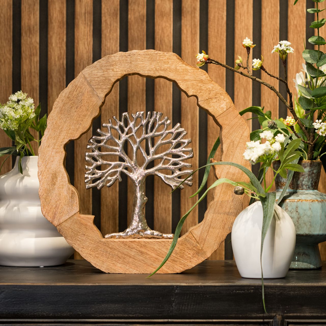 Metal tree display in mango wood circle brown, silver (W/H/D) 46x48x7cm