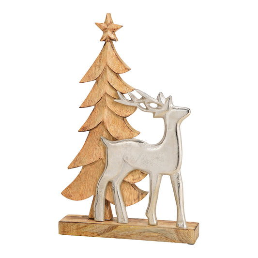 Display stand fir tree with metal deer made of wood brown (W/H/D) 26x40x6cm