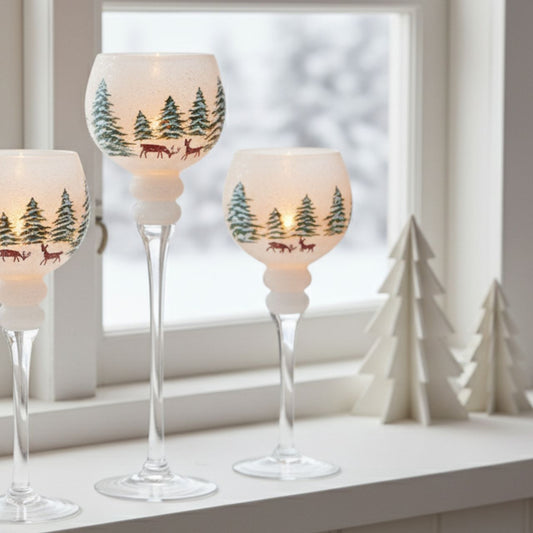 Windlicht Set Kelch, Winterwald Dekor 30, 35, 40cm x Ø13cm aus Glas Weiß, bunt 3er Set