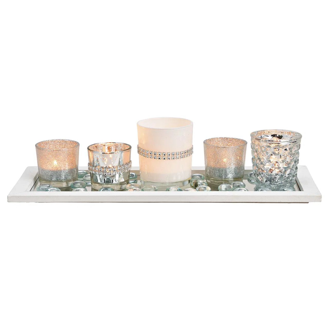 Windlicht-Set, 5er Windlichter, auf Holz, Spiegeltablett, mit Glasdekorperlen aus Glas Silber 7er Set, (B/H/T) 37x10x14cm