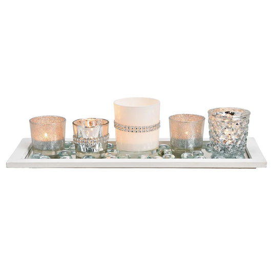 Windlicht-Set, 5er Windlichter, auf Holz, Spiegeltablett, mit Glasdekorperlen aus Glas Silber 7er Set, (B/H/T) 37x10x14cm