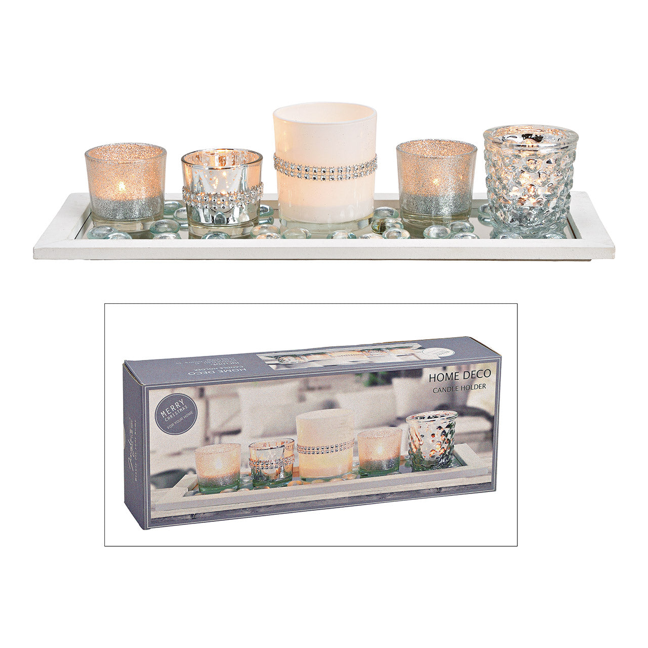 Windlicht-Set, 5er Windlichter, auf Holz, Spiegeltablett, mit Glasdekorperlen aus Glas Silber 7er Set, (B/H/T) 37x10x14cm