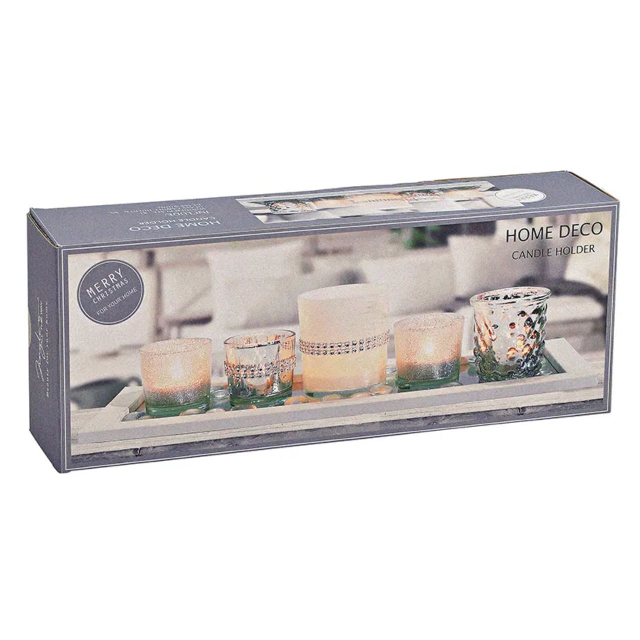 Windlicht-Set, 5er Windlichter, auf Holz, Spiegeltablett, mit Glasdekorperlen aus Glas Silber 7er Set, (B/H/T) 37x10x14cm