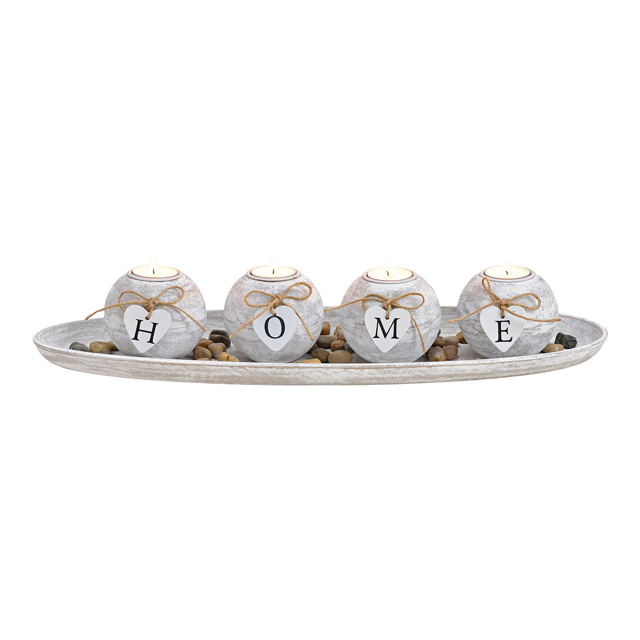 Tealight holder set of 4 on tray with stones HOME, made of MDF White (W/H/D) 50x10x18cm