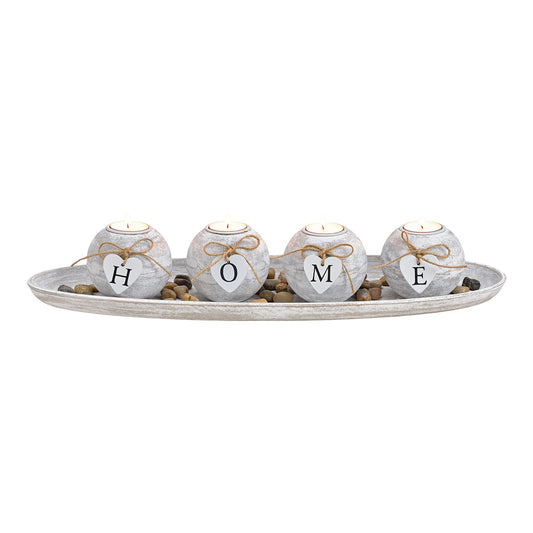 Tealight holder set of 4 on tray with stones HOME, made of MDF White (W/H/D) 50x10x18cm