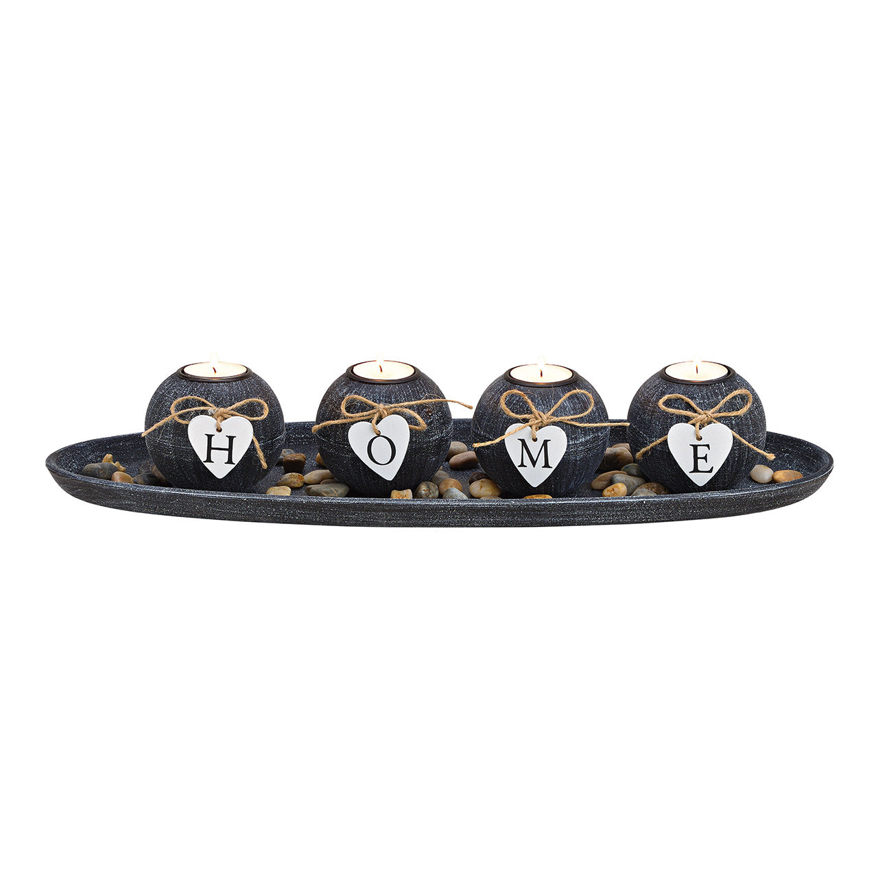 Tealight holder set of 4 on tray with stones HOME, made of MDF Black (W/H/D) 50x10x18cm