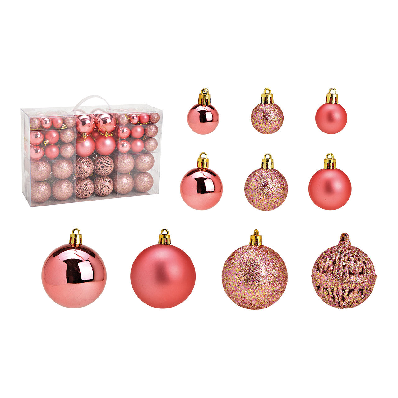 Weihnachtskugeln aus Kunststoff, 100er-Set, Pink/Rosa Ø3/4/6cm (B/H/T) 23x35x12cm