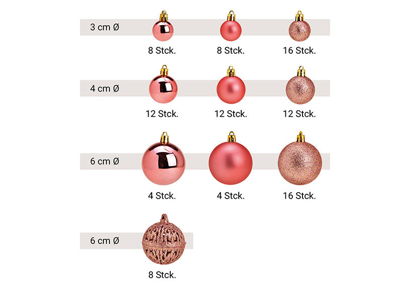 Weihnachtskugeln aus Kunststoff, 100er-Set, Pink/Rosa Ø3/4/6cm (B/H/T) 23x35x12cm