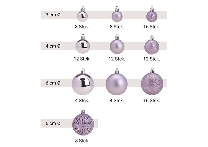 Weihnachtskugeln aus Kunststoff, 100er-Set, Lila Ø3/4/6cm (B/H/T) 23x35x12cm