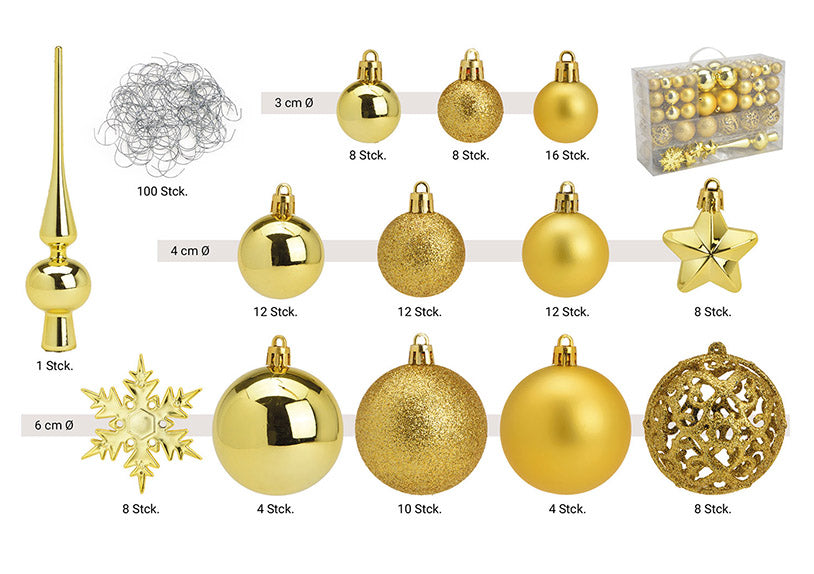 Weihnachtskugeln aus Kunststoff, 111er-Set, Lemon Gold Ø3/4/6cm (B/H/T) 23x35x12cm