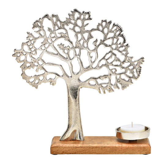 Tealight holder tree on base made of metal/mango wood, silver (W/H/D) 31x33x8cm