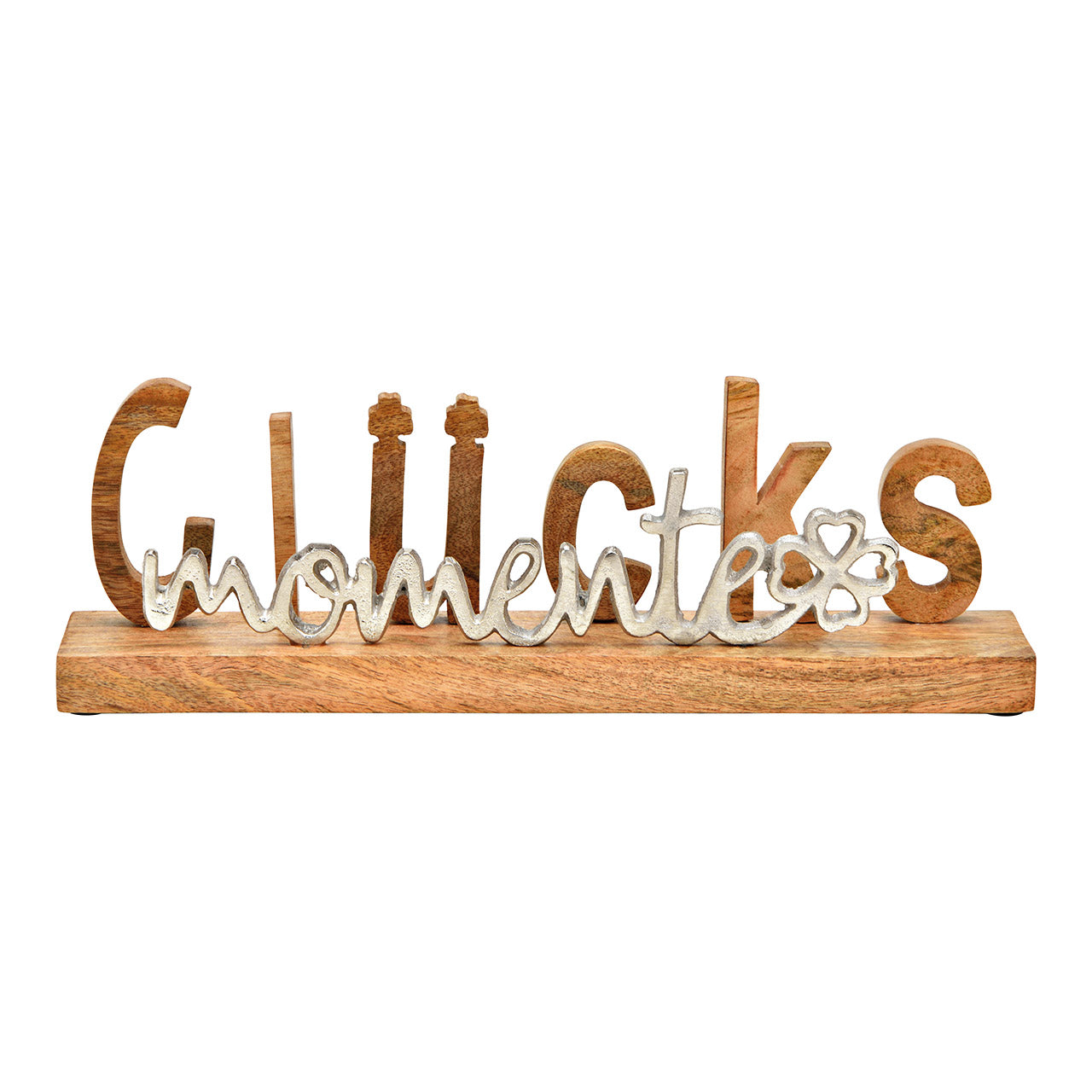"Lettering "Glücksmomente" on base made of mango wood/metal, brown/silver (W/H/D) 38x12x7cm"