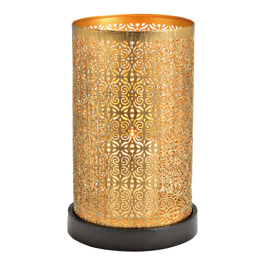 Windlicht auf dunkelbraunem Mangoholzsockel aus Metall Gold (B/H/T) 17x27x17cm