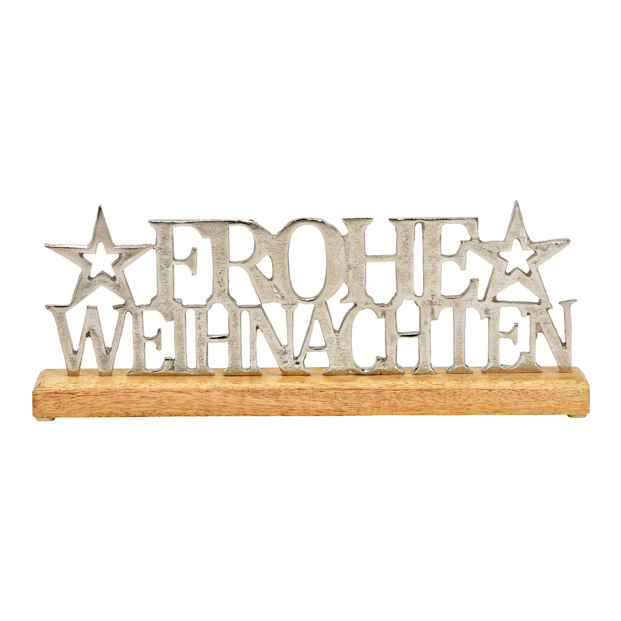 "Display Schriftzug, Frohe Weihnachten, auf Mangoholz Sockel, aus Metall Silber (B/H/T) 36x14x5cm"