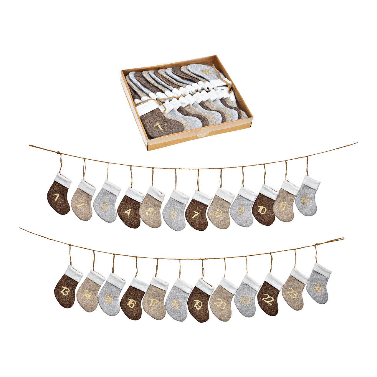 Adventskalender aus Stoff, 24 Socken (B/H) 9x14cm, Braun 220cm
