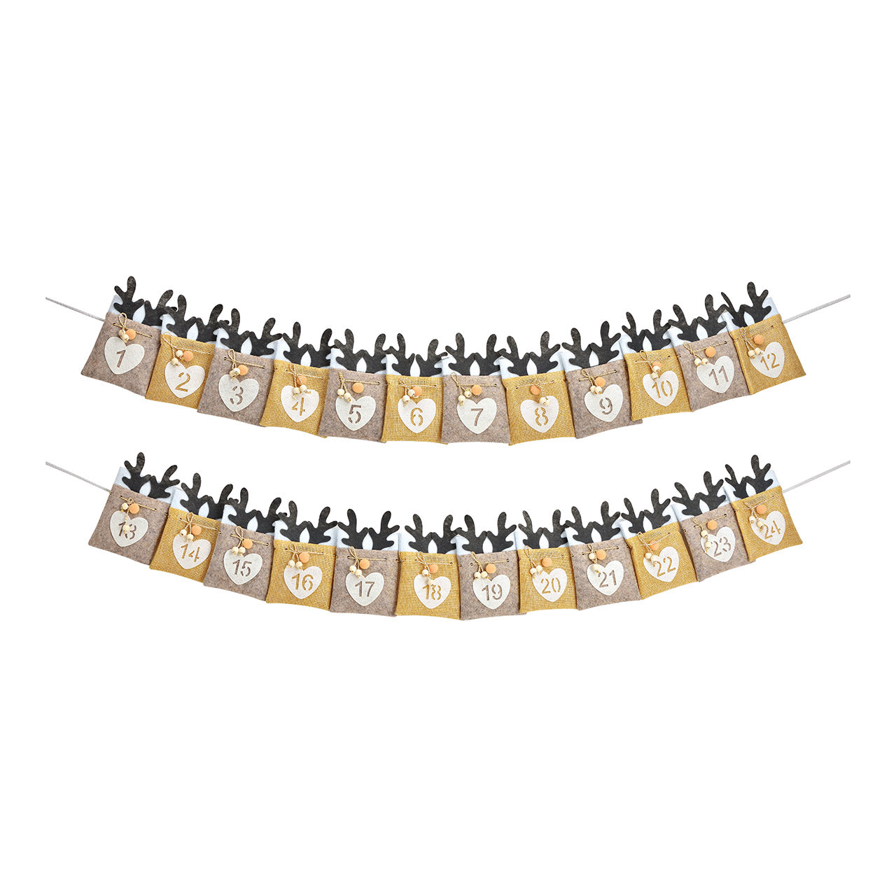 Adventskalender Hirschkopf aus Textil, 24 Säckchen (B/H) 10x16cm, Beige/Schwarz (B/H) 300x16cm