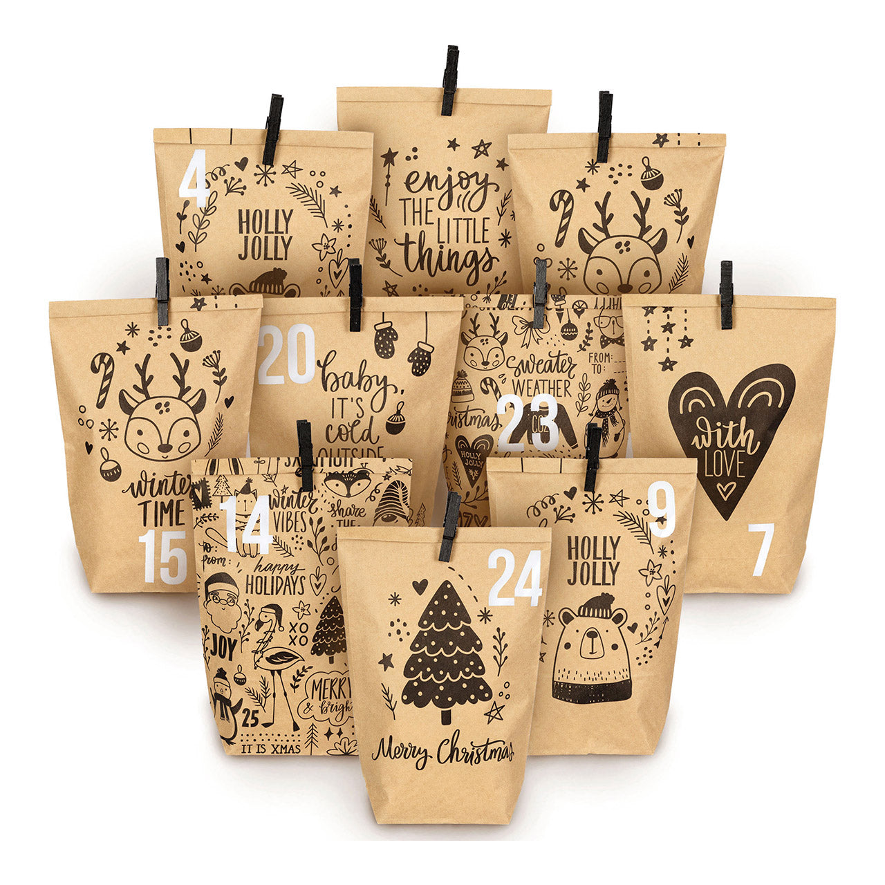 Adventskalender mit Kindermotiven aus Packpapier/Holz, 24 bedruckten Tüten mit schwarzen Klammern, Weiß/Braun, 72-teilig. Maße: 24x21x2cm