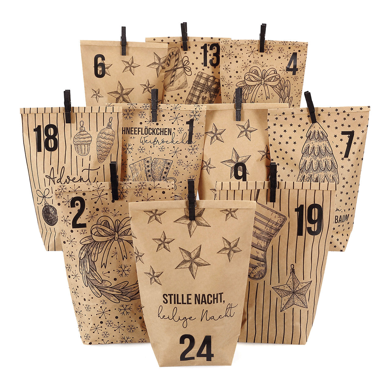 Advent calendar Christmas motifs made of kraft paper, 24 printed bags with black clips, Brown, 72 pieces (W/H/D) 24x21x2cm