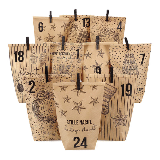 Advent calendar Christmas motifs made of kraft paper, 24 printed bags with black clips, Brown, 72 pieces (W/H/D) 24x21x2cm