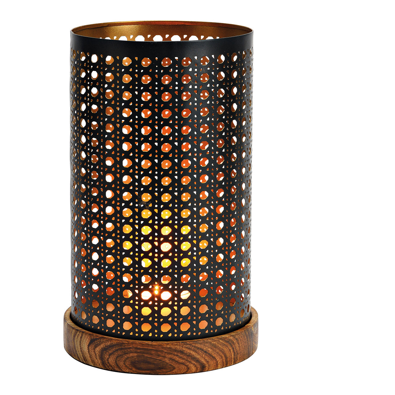 Windlicht auf Mangoholzsockel aus Metall schwarz, gold (B/H/T) 16x28x16cm