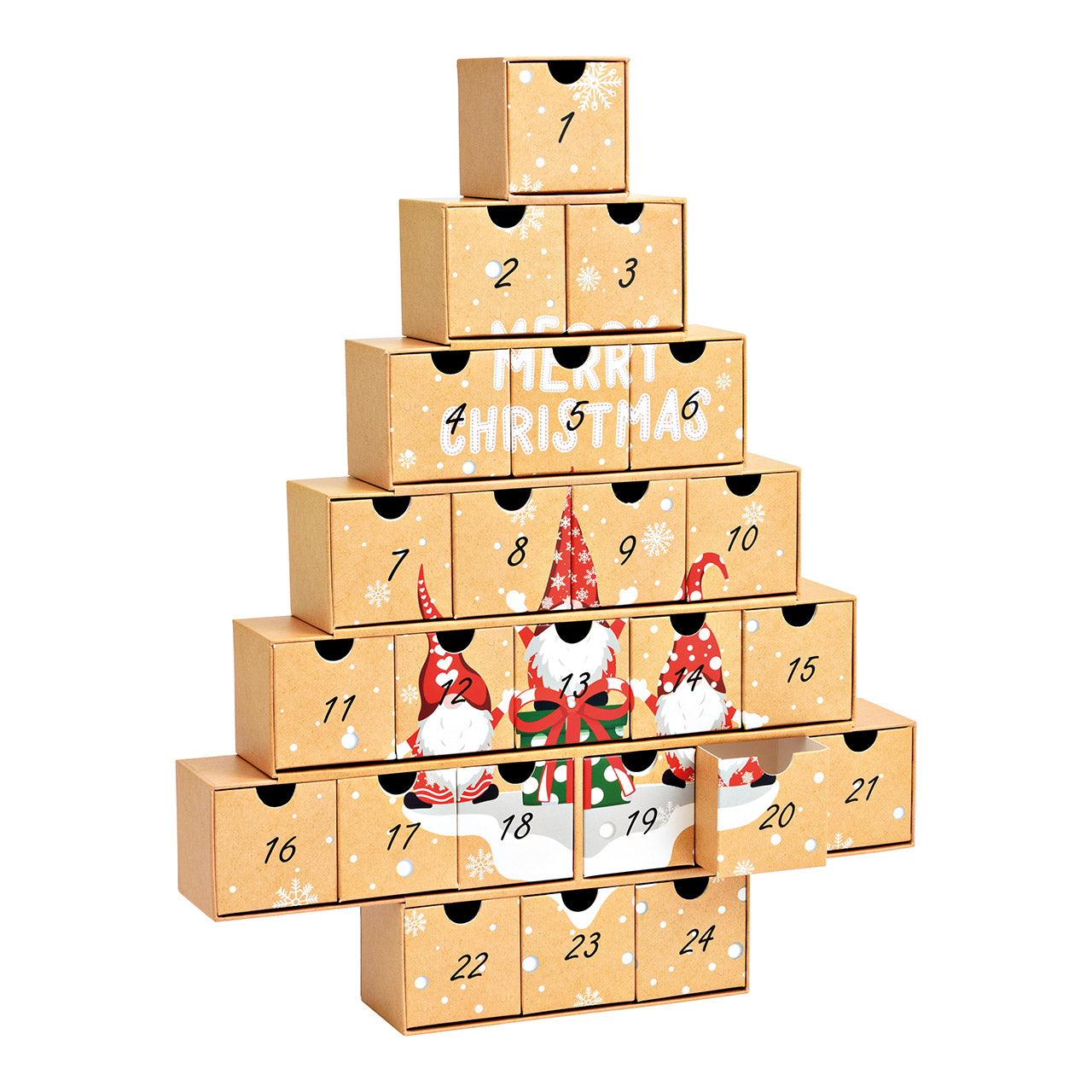 Adventskalender Tannenbaum "Frohe Weihnachten" mit Wichteln aus Pappe, 24 Boxen Ø6cm, Braun (B/H/T) 38x48x6cm