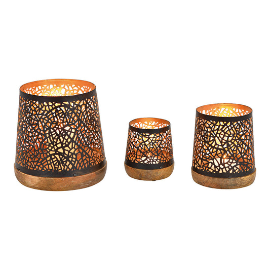 Windlicht-Set aus Metall auf Mangoholzsockel in Schwarz und Gold, 3er Set, (B/H/T) 17x19x17cm, 12x14x12cm, 10x11x10cm.