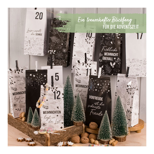 Advent calendar Christmas motifs made of paper/cardboard, 24 printed bags with clips (W/H/D) 10x25x7cm, black/white, 72 pieces (W/H/D) 24x34x1cm