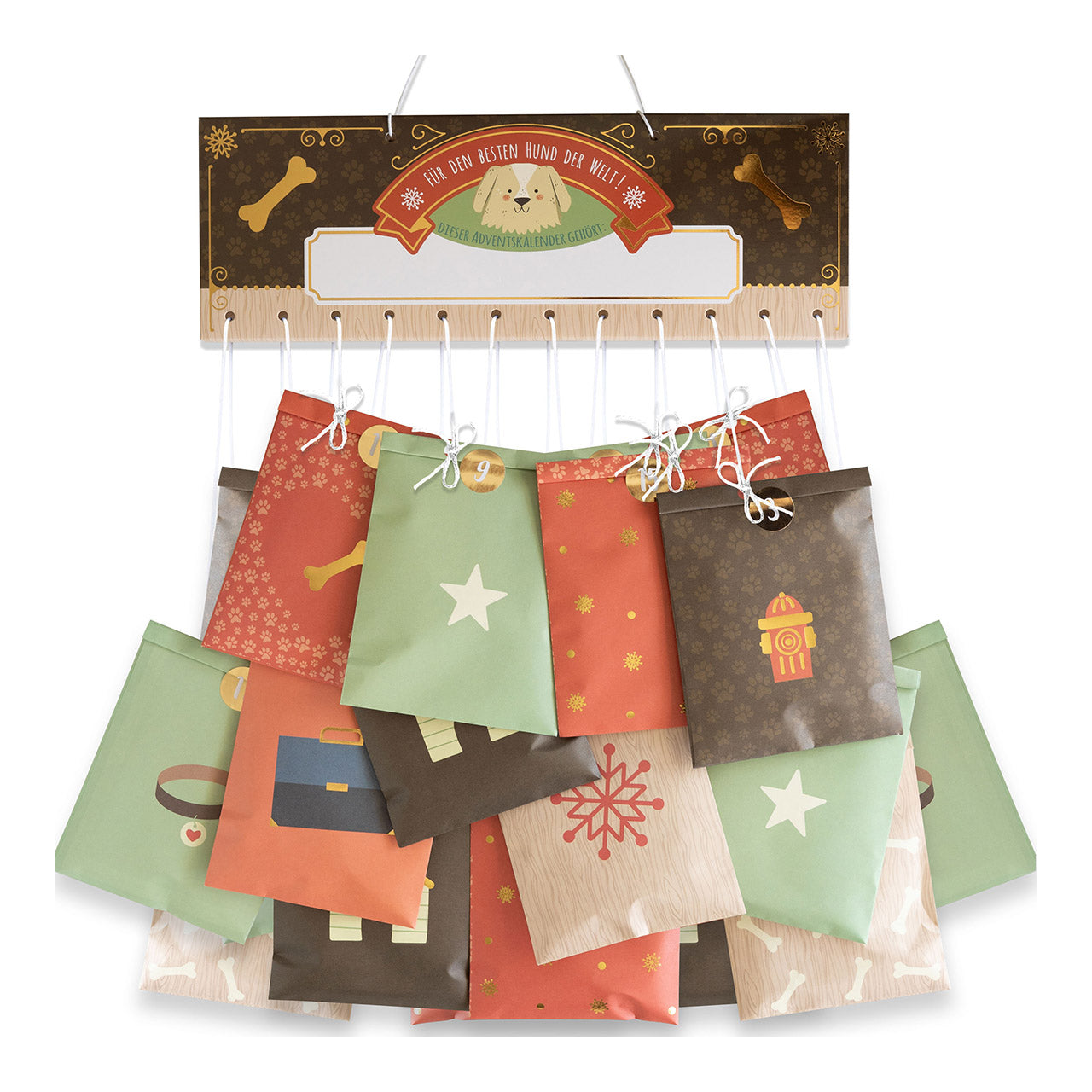 Adventskalender for dogs made of paper/cardboard, 24 bags (W/H) 10x15cm, colorful (W/H) 32x11cm