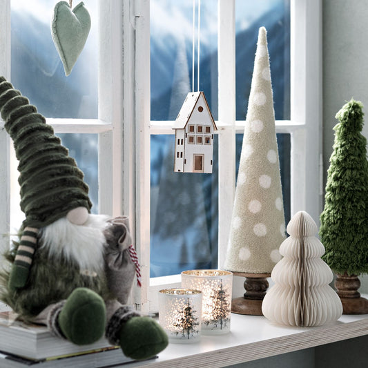 Display stand Christmas tree made of mango wood, textile light beige (W/H/D) 13x54x13cm