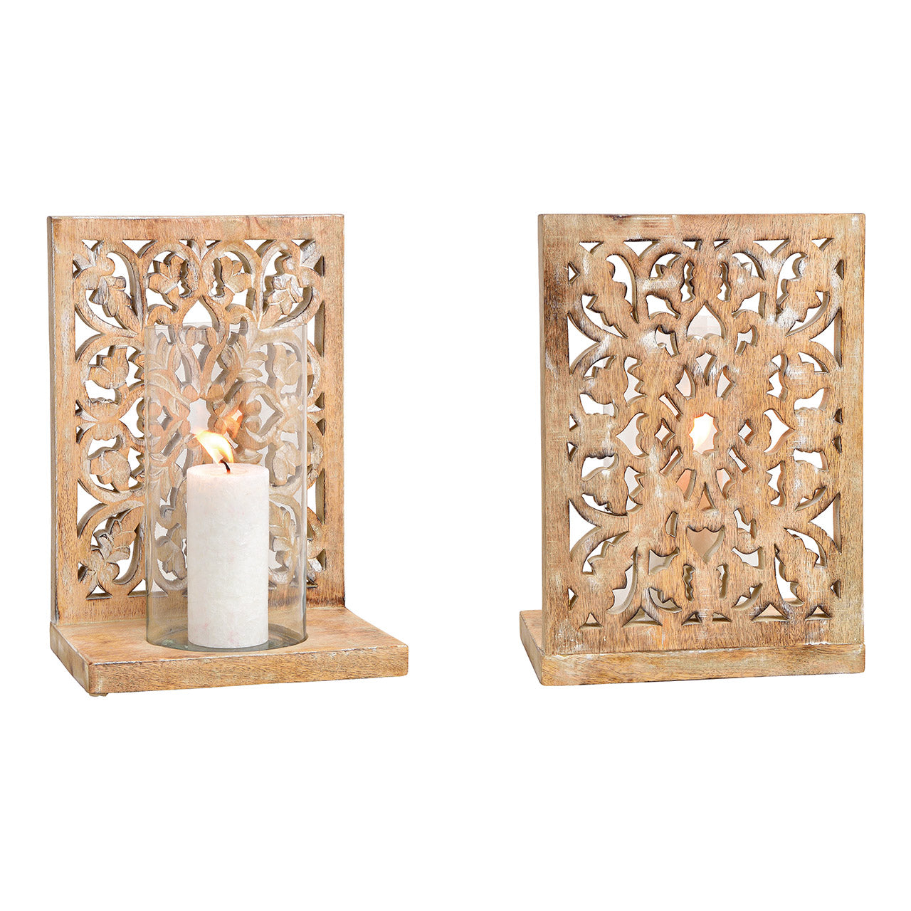 Windlicht Blumen Dekor, aus Mangoholz, Glas Natur (B/H/T) 24x35x17cm