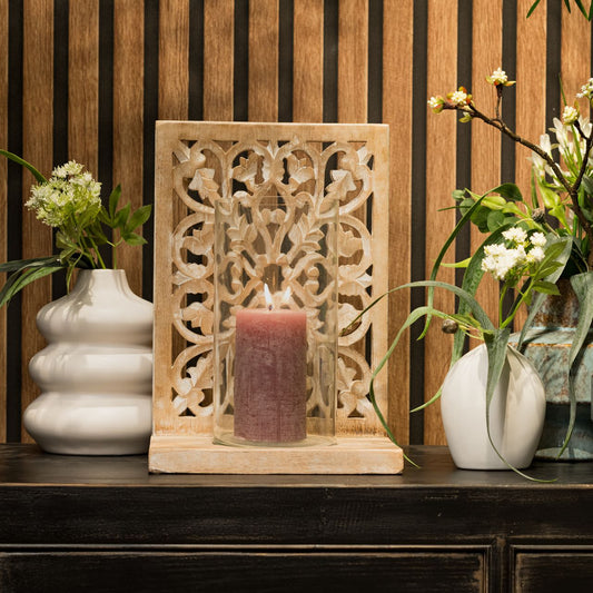 Windlicht Blumen Dekor, aus Mangoholz, Glas Natur (B/H/T) 24x35x17cm
